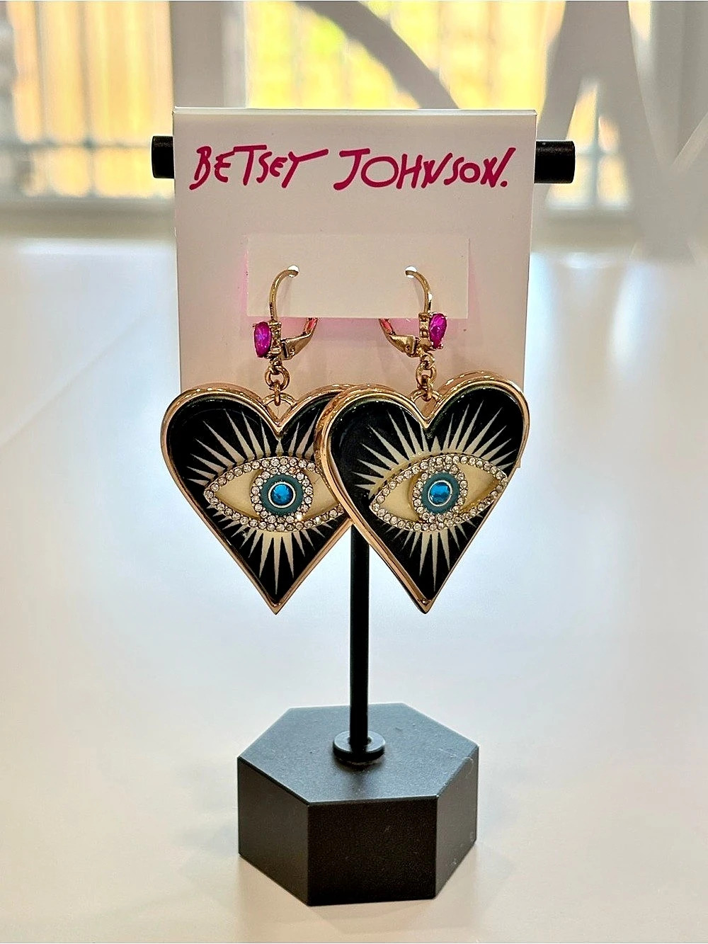 Betsey Johnson Evil Eye Heart Drop Earrings Black & Gold